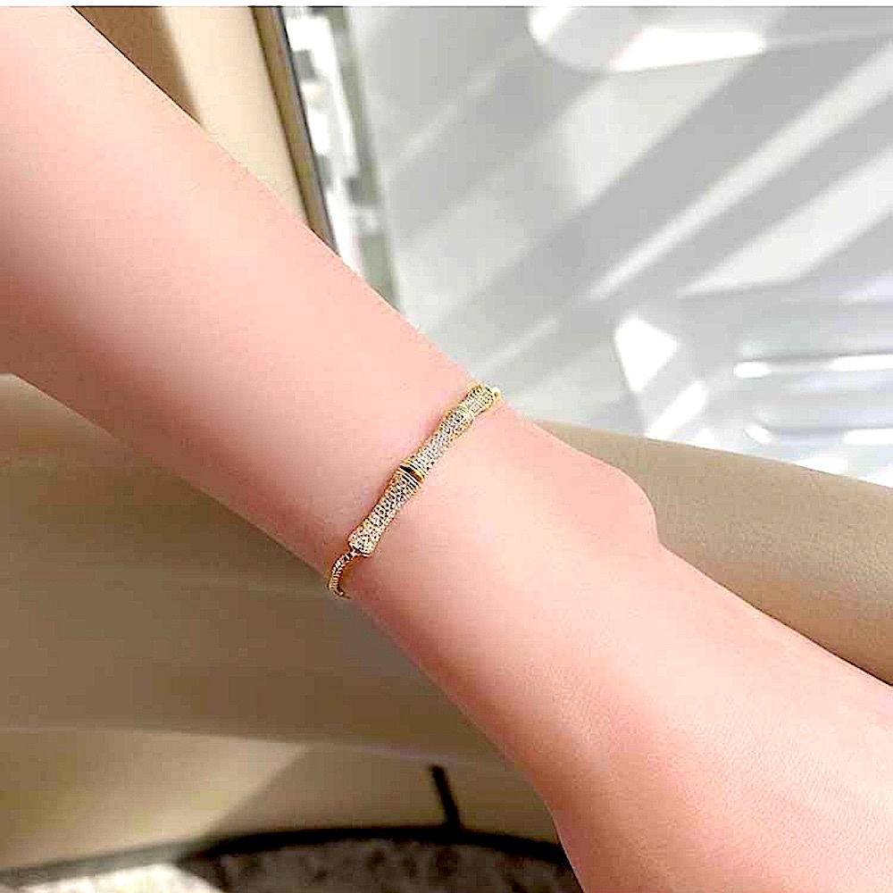 NEW 14k Gold Plated Silver‎ Pave Diamond Bamboo Bracelet, Slide Closure